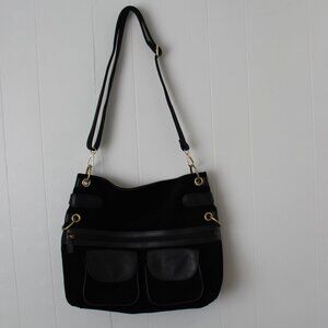 Franklin Covey Black Full Grain Leather Suede Double Pocket Messenger Bag